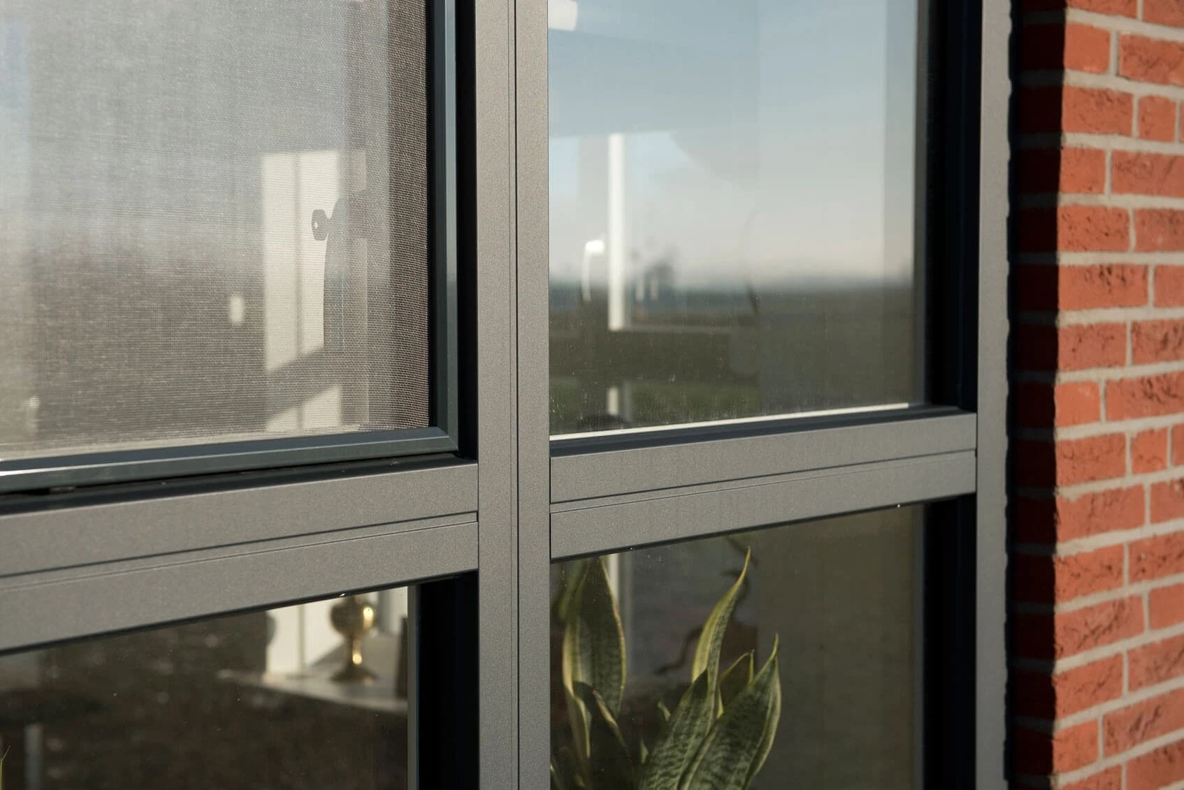 Antraciet aluminium kozijnen met horren in een bakstenen gevel